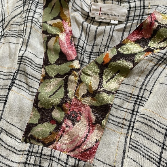 Anthropologie Boho Tiered Plaid Metallic Floral Darlene Blouse - Picture 3 of 6